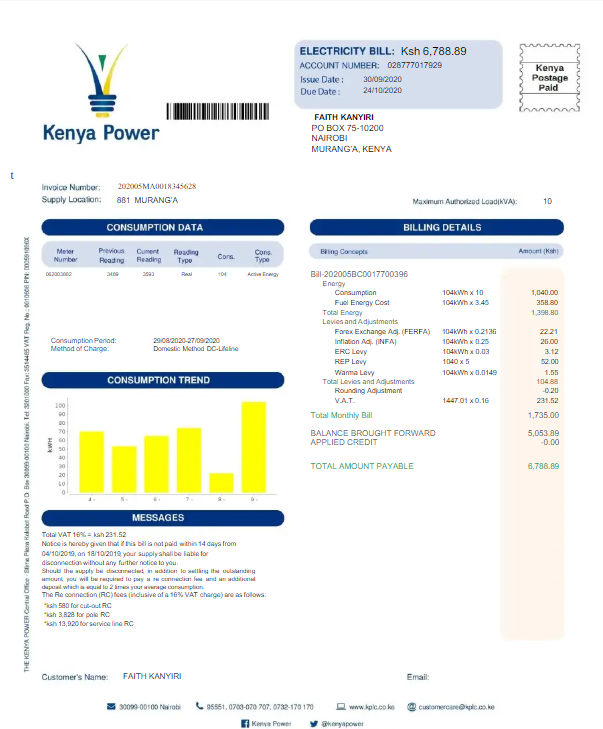 KENYA KENYA POWER utility bill Word and PDF template